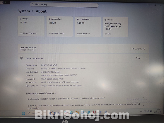 HP 10th Gen i5 4GB RAM M.2 and HDD 15.6 Inch Display